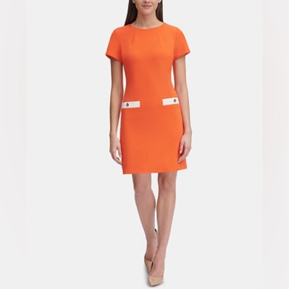 Tommy Hilfiger - NWT Bright Orange Faux Pocket Short Sleeve Sheath Dress Size 6 - Picture 1 of 12